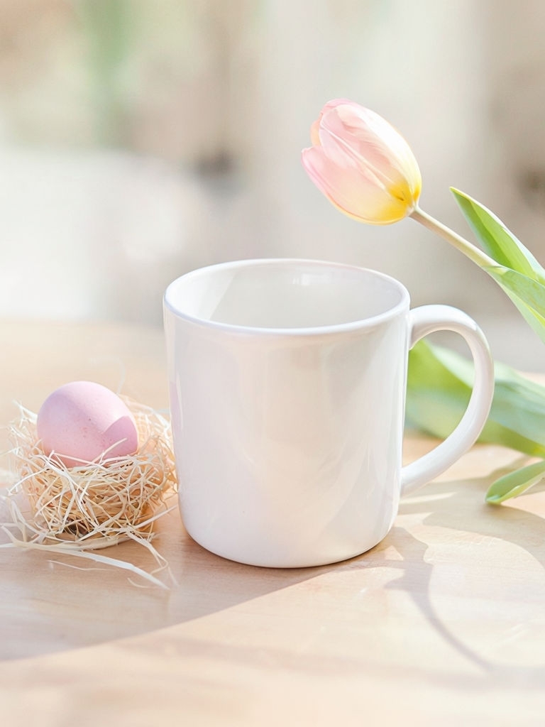 Easter-Themed Ceramic Mug with Tulip and Pastel Egg Mockup
