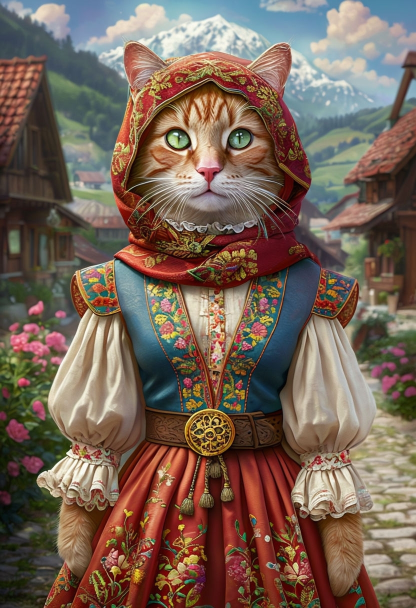 Whimsical Orange Tabby Cat in Eastern European Attire Art