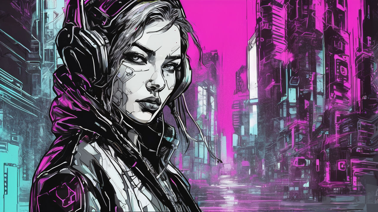 Cyberpunkthemed female subject locking eyes with the camera... by