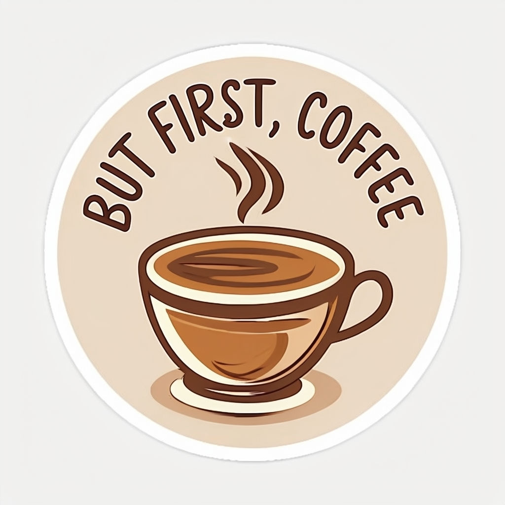 Cozy Coffee Cup Sticker with Playful "But First, Coffee" Text