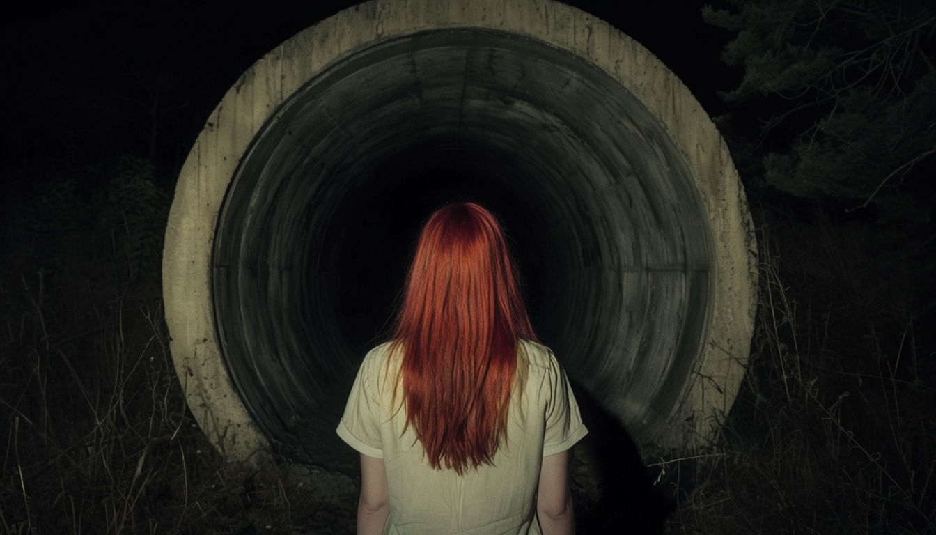 Mysterious Woman at Dark Circular Tunnel Virtual Background