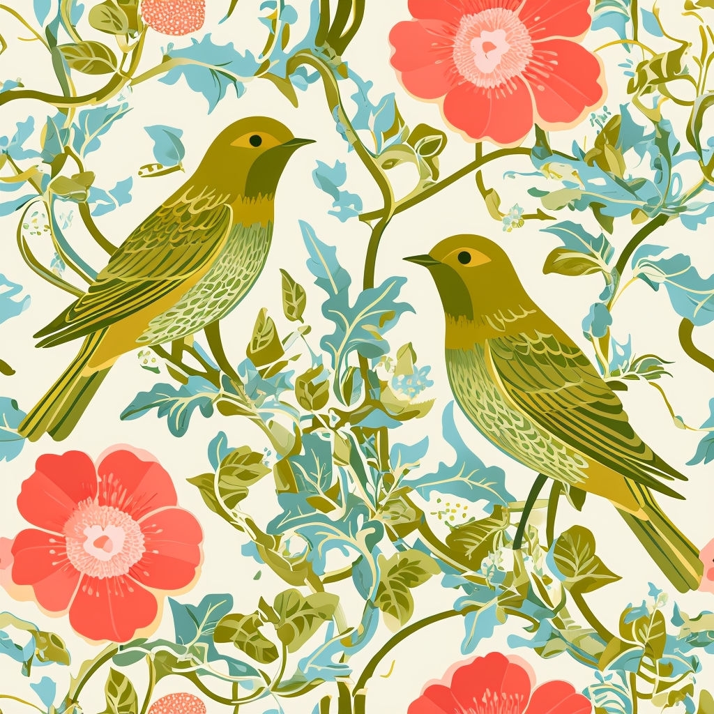 Vintage Botanical Birds and Flowers Seamless Pattern