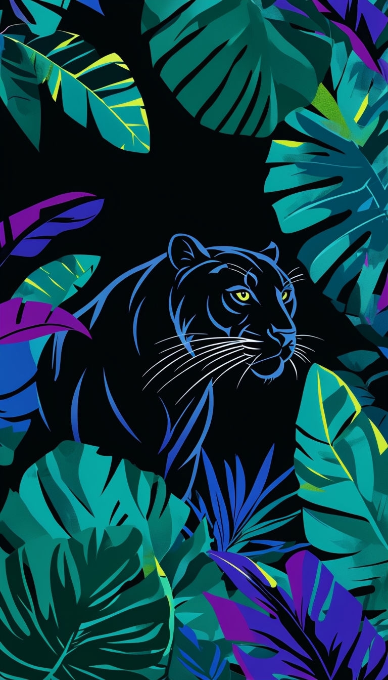 "Stylish Black Panther Surrounded by Tropical Leaves Wallpaper"