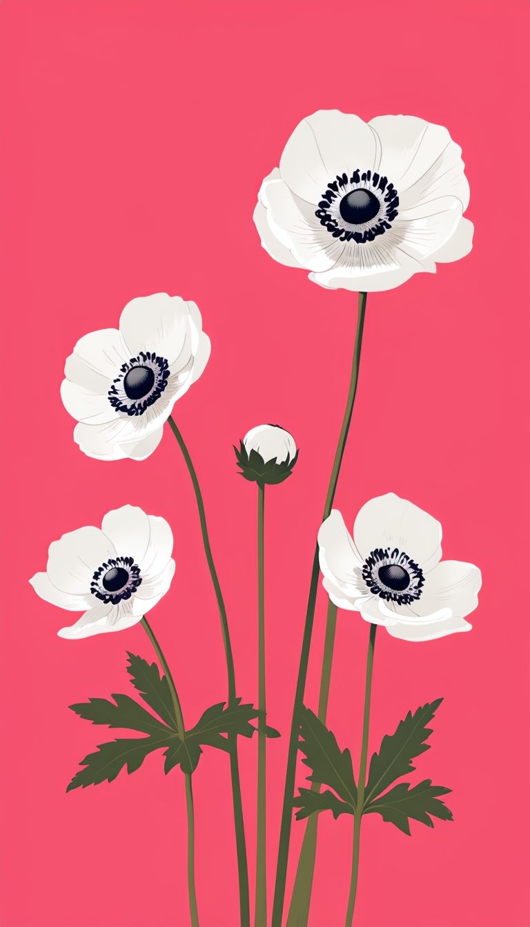 Minimalist White Anemone Flowers on Coral Pink Background Phone Case Cover