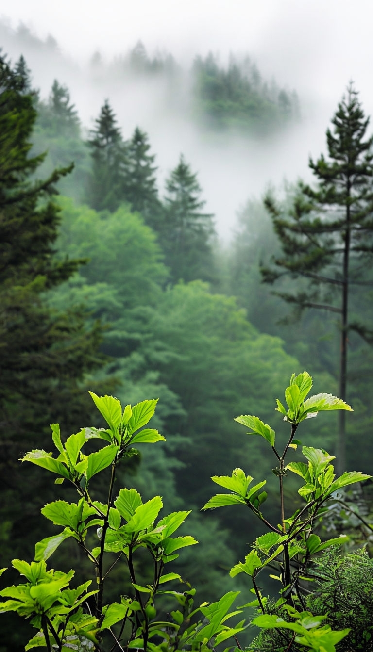 Tranquil Forest Serenity with Misty Background Mobile Wallpaper