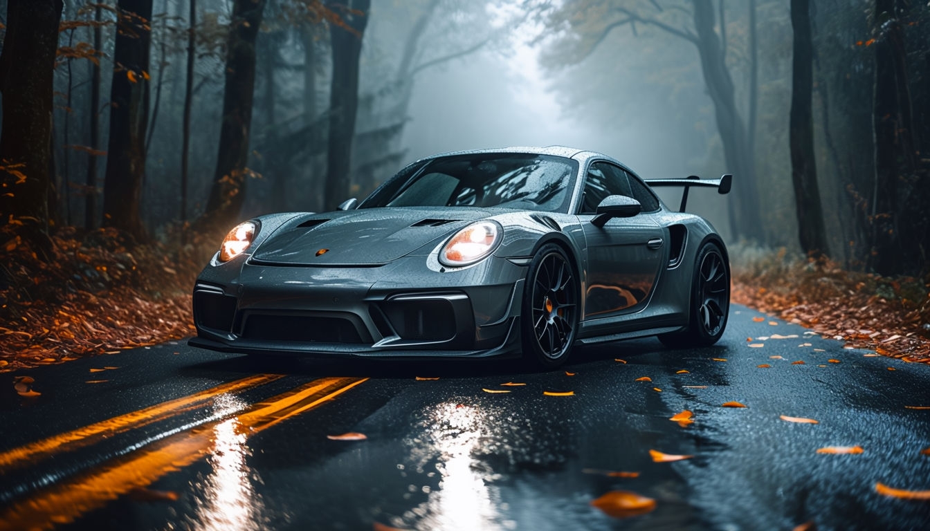 Sleek Gray Sports Car in Autumn Forest Virtual Background