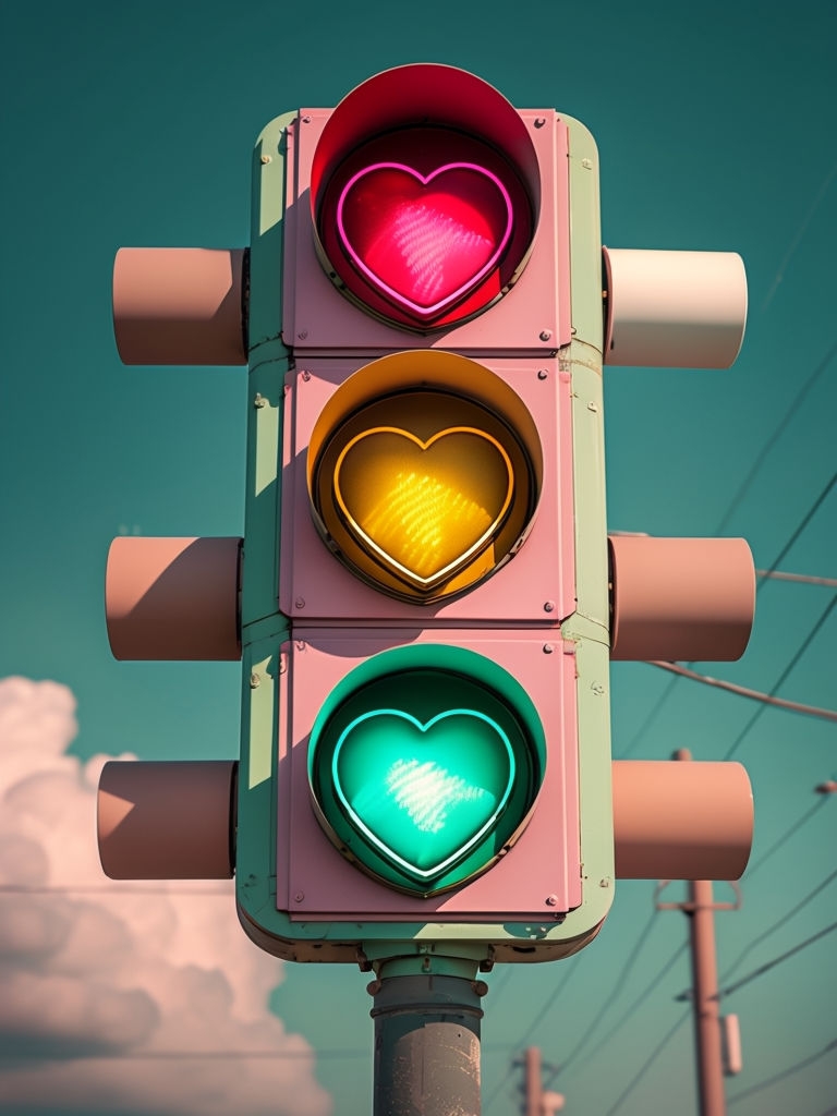 Vibrant Heart-Shaped Traffic Light Against Teal Sky Photograph Social Media Post