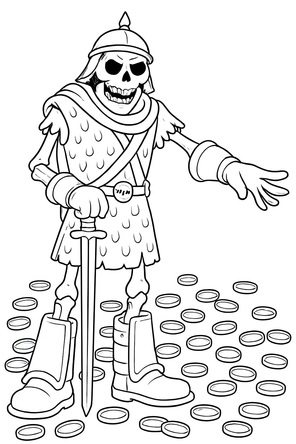 Skeletal Warrior Line Drawing with Coins Coloring Page