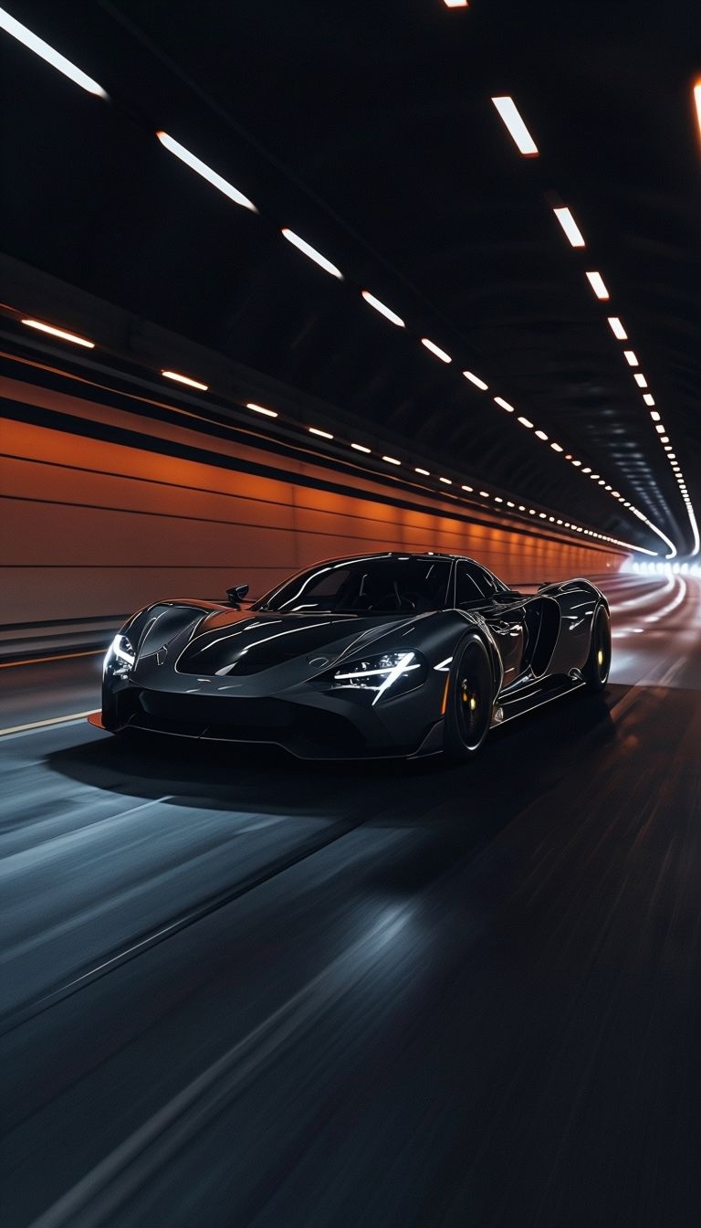 Sleek Black Sports Car Racing Through Dynamic Tunnel Scene Mobile Wallpaper