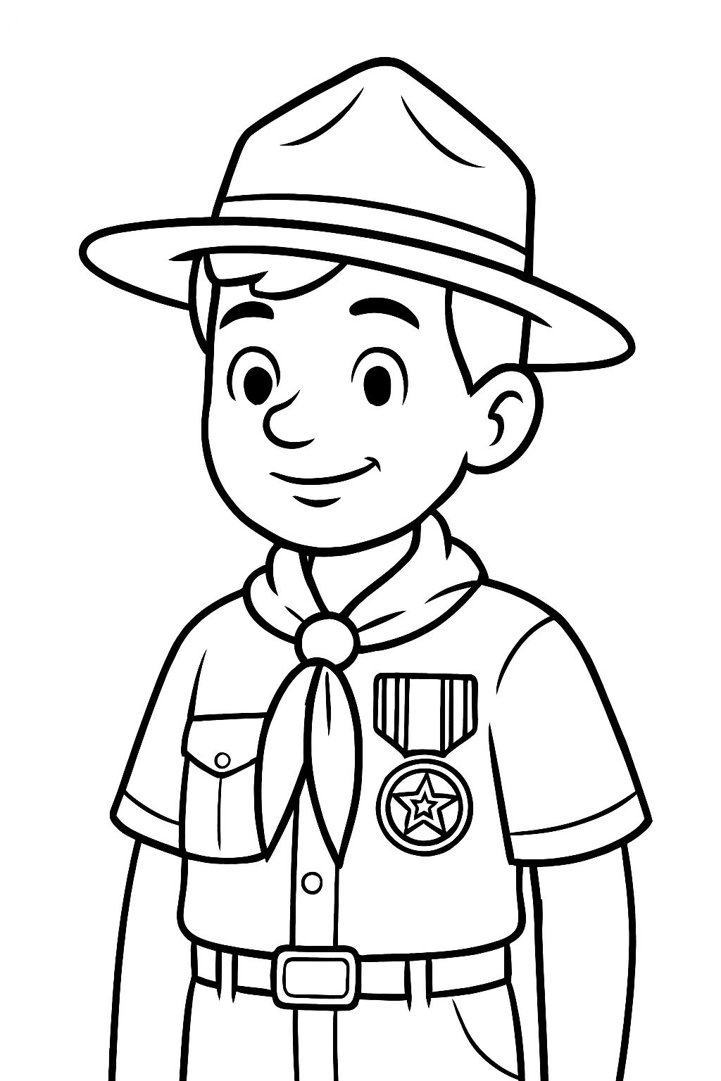 Cheerful Cartoon Boy in Scout Uniform Line Drawing for Coloring Book Pages