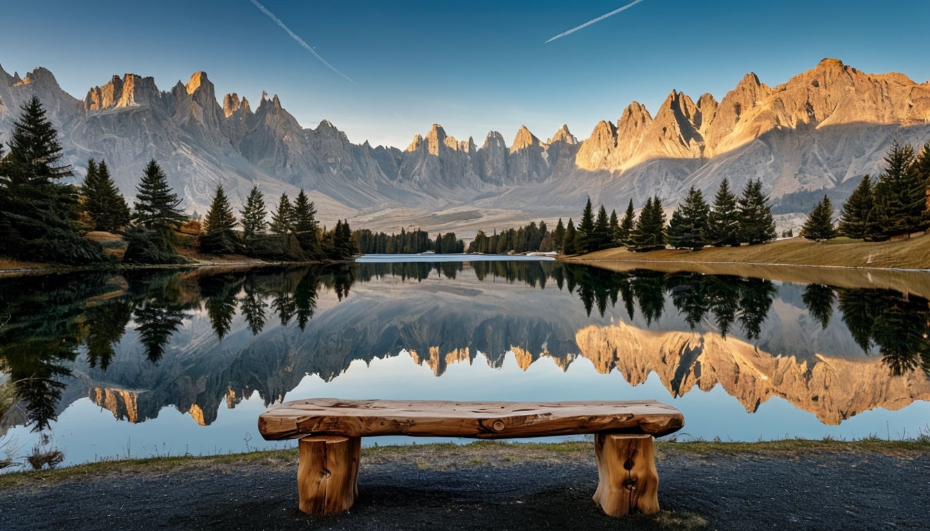 Serene Rustic Bench by Calm Lake Landscape Background