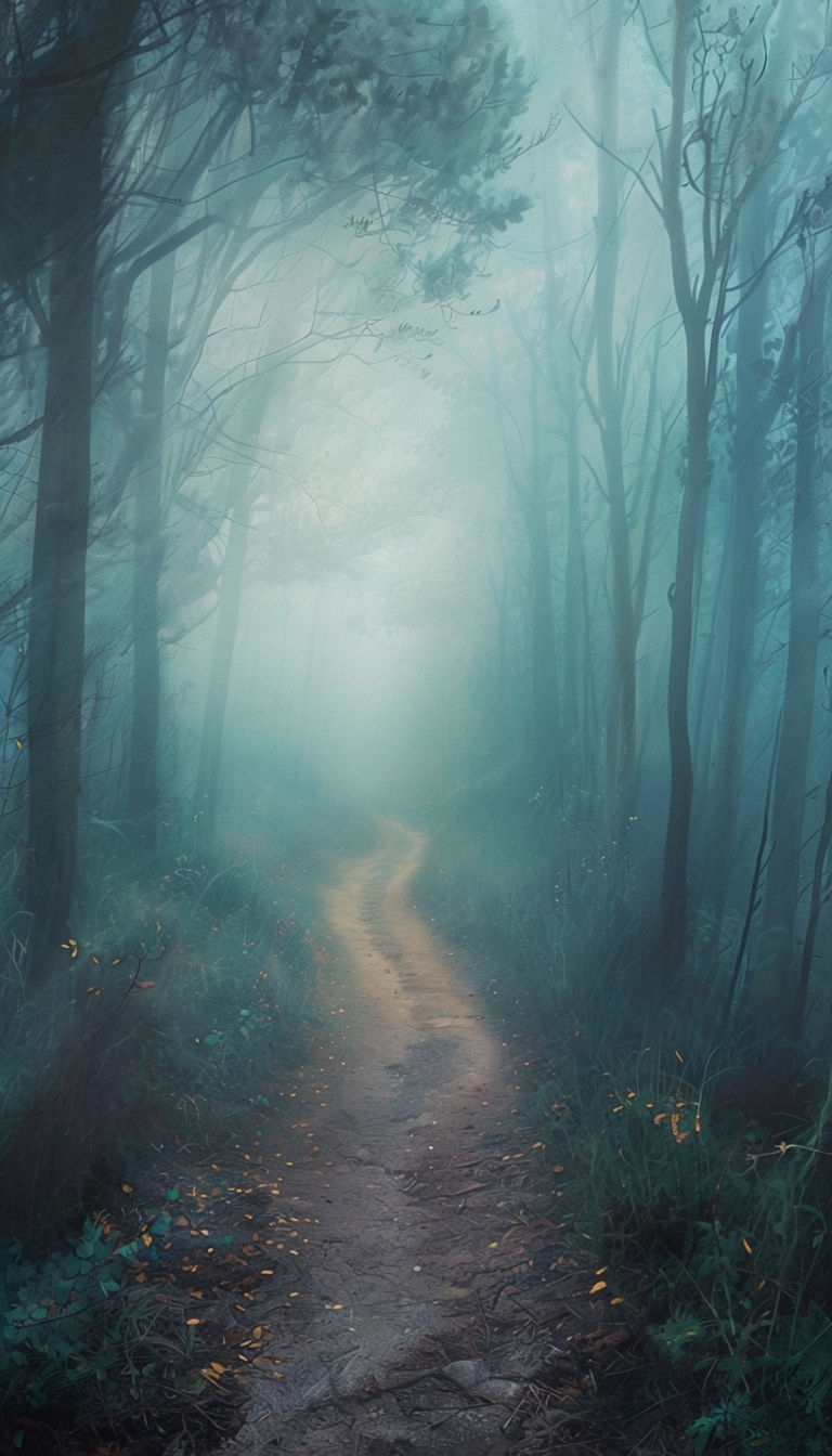 Misty Forest Path Winding Into Soft Green and Blue Hues Mobile Wallpaper