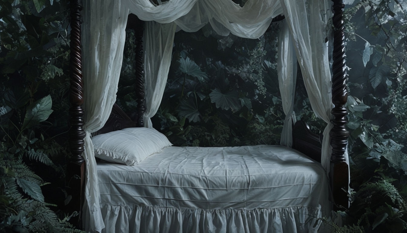 Surreal Eerie Bedroom with Canopy Curtains Virtual Background