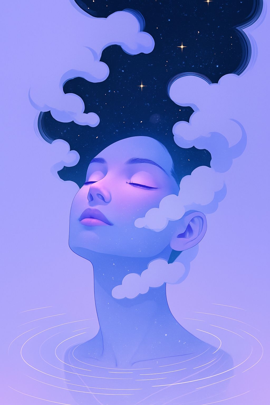 Serene Surrealistic Face with Clouds and Stars Digital Art
