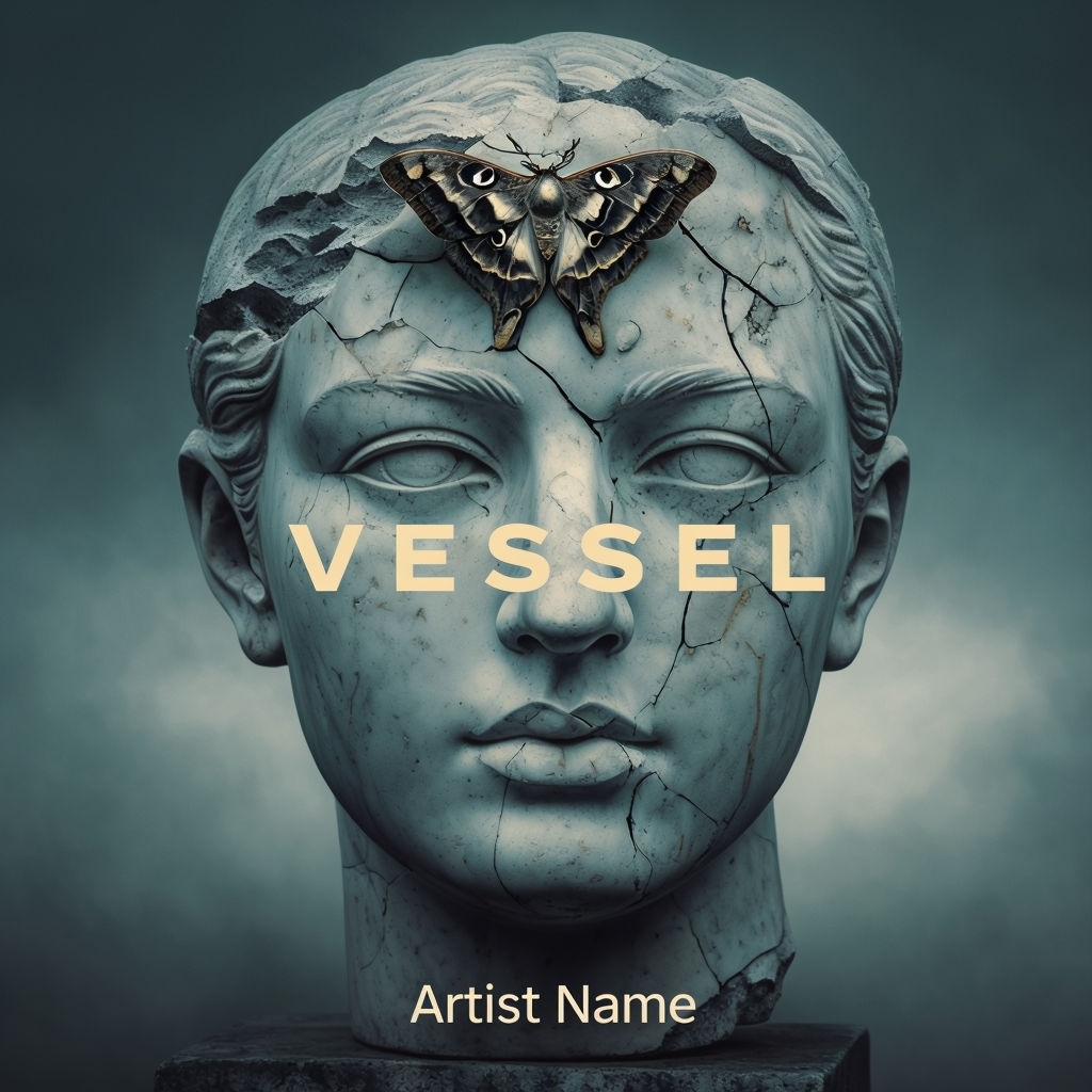 Melancholic Vessel Album Cover with Ancient Bust and Moth Artistry