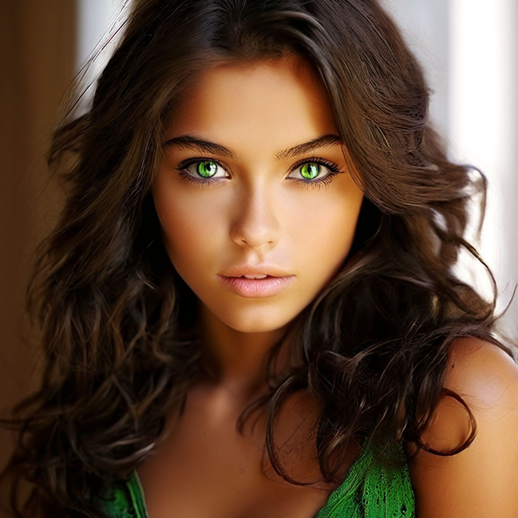 A sensual brunette woman with green eyes and a toned body.