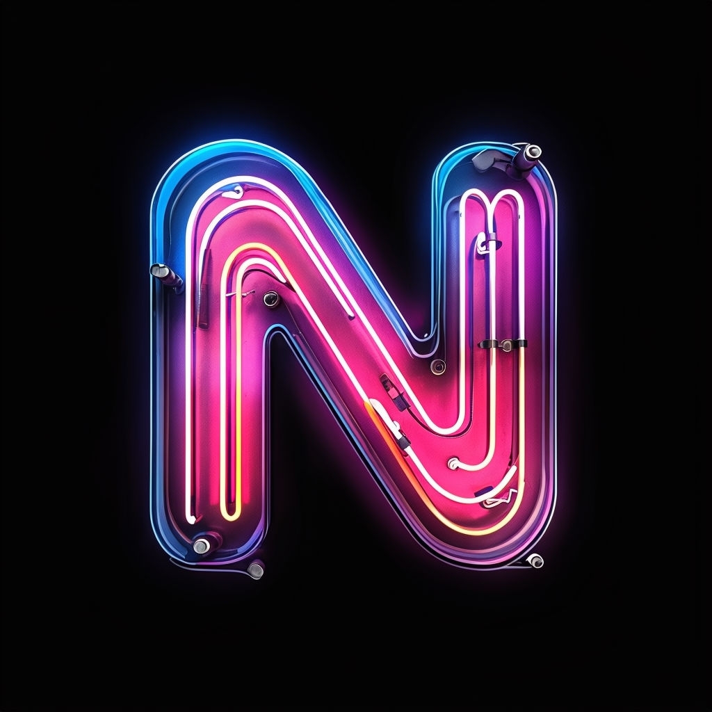 Vibrant Neon Letter N Digital Art Against Black Background Monogram