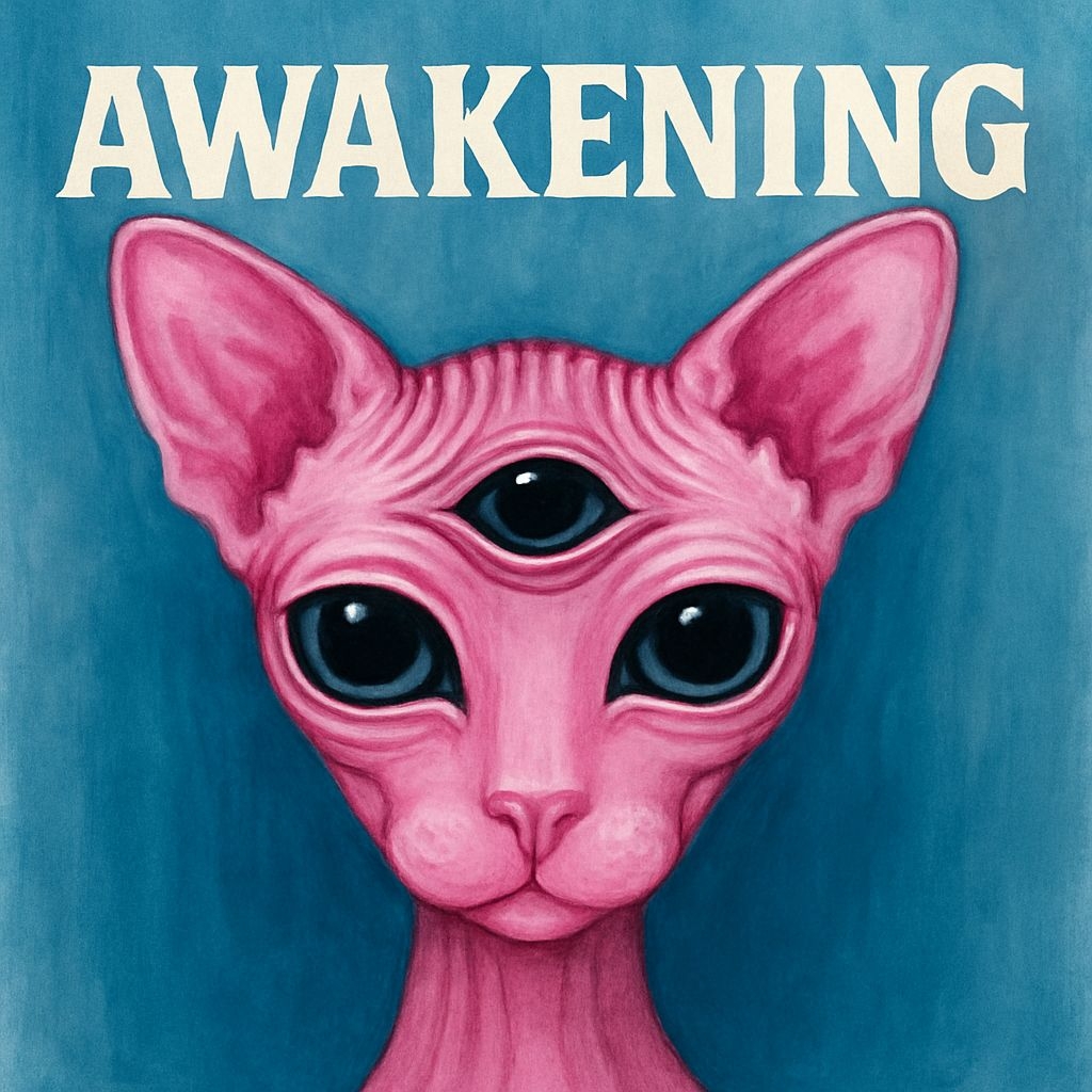 Surreal Pink Sphynx Cat Illustration with Three Eyes Album Cover