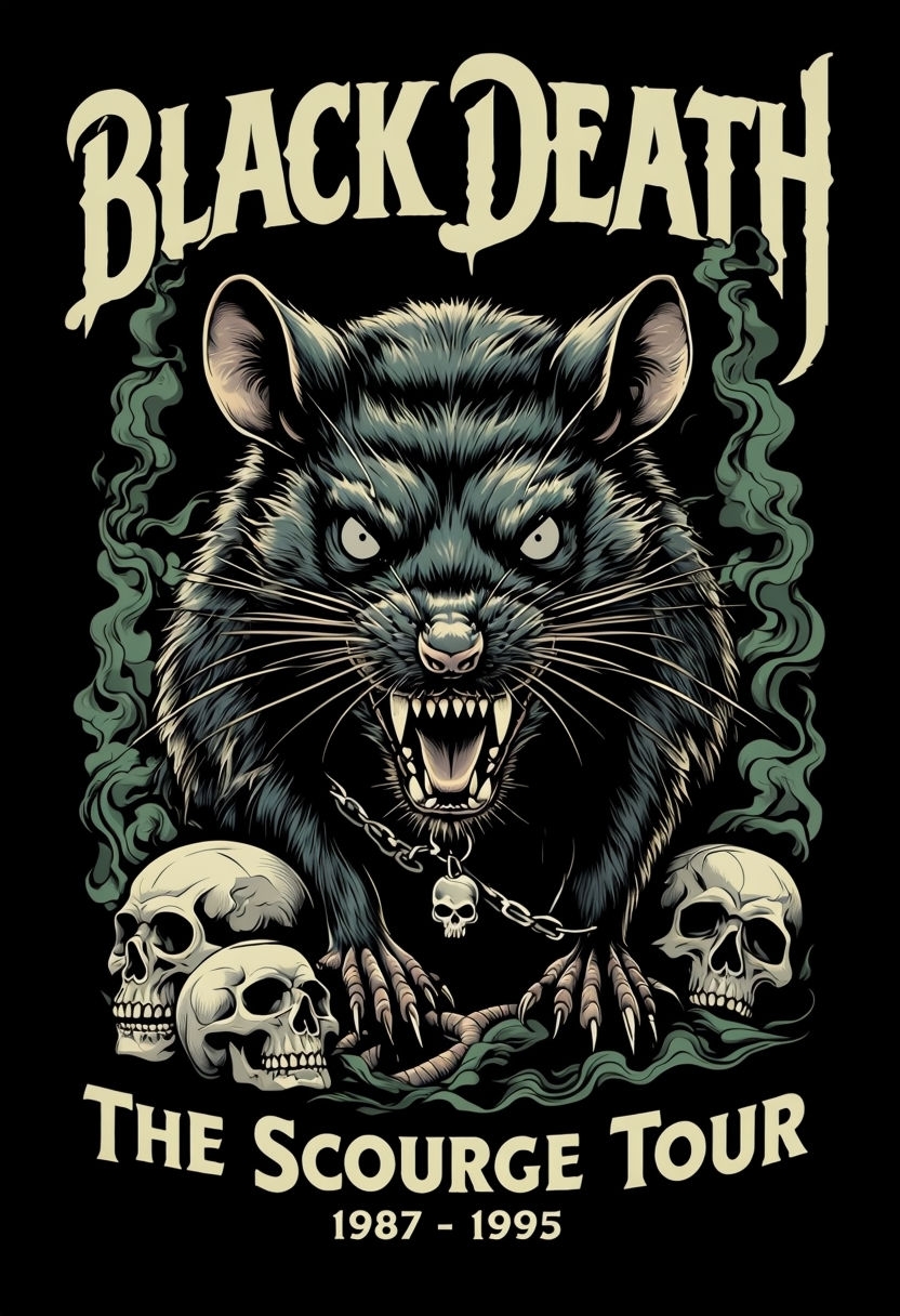 Menacing Black Rat Design for Black Death Scourge Tour T-Shirt