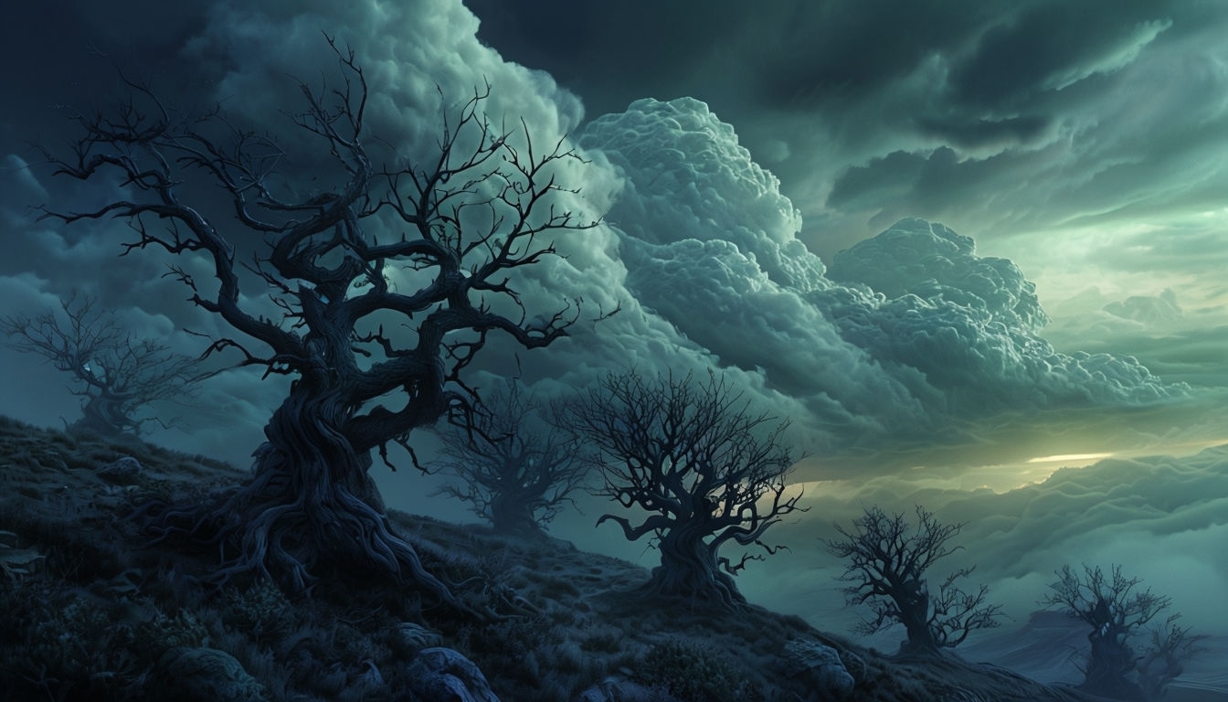 Eerie Dark Landscape with Twisted Trees Digital Art Background