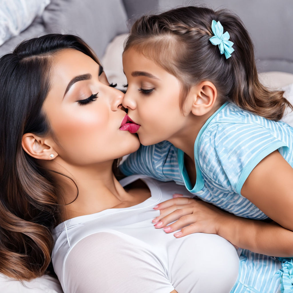 A mother and her daughter take out tongues them and kissing in bikini