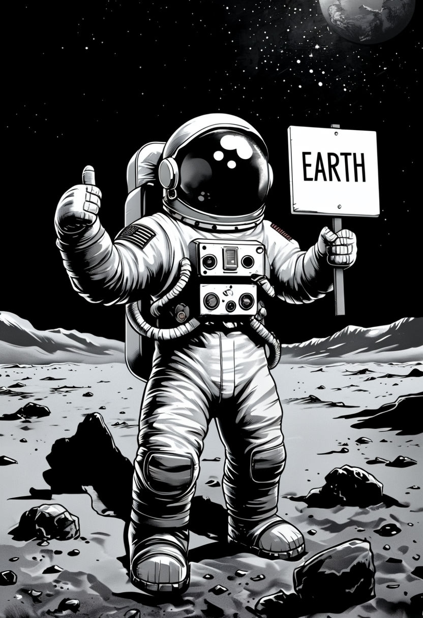 Adventurous Astronaut Hitchhiking on Moon with Earth Sign Art