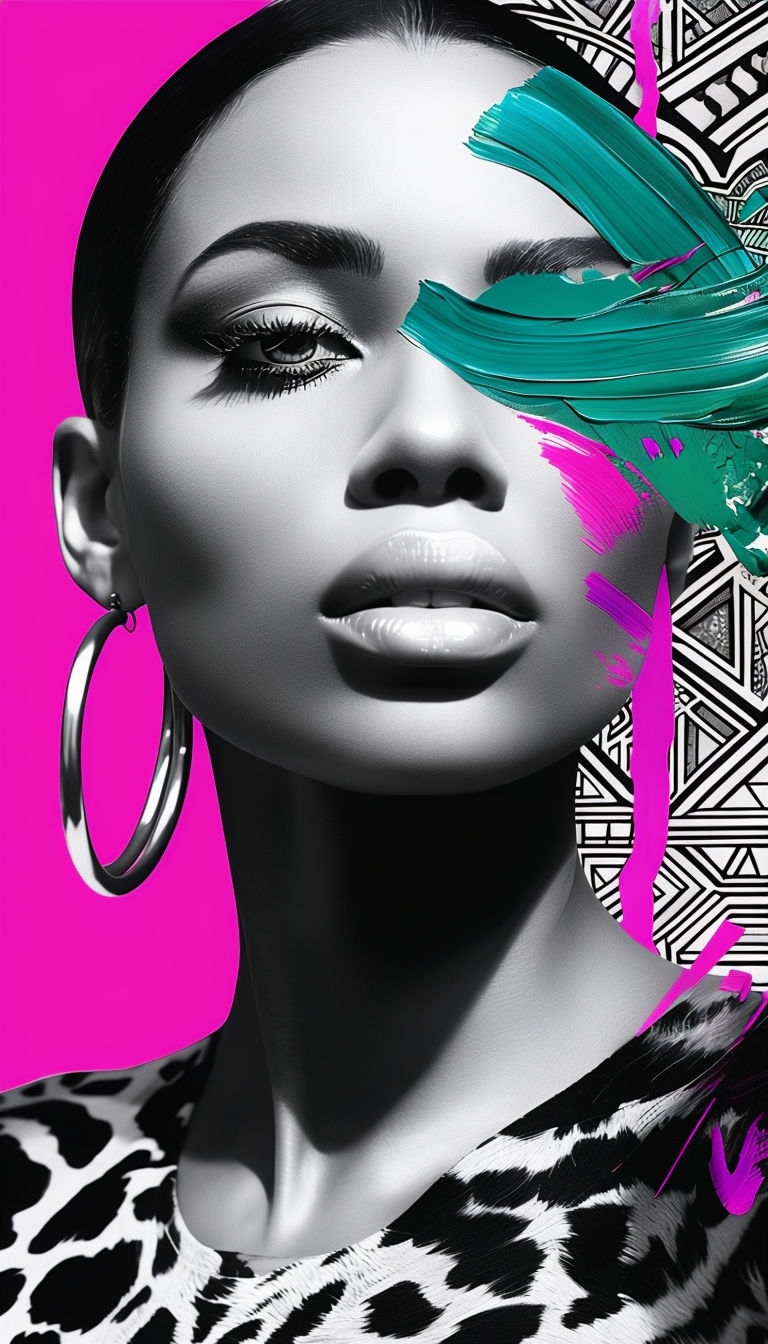 Striking Greyscale Figure with Colorful Accents Art