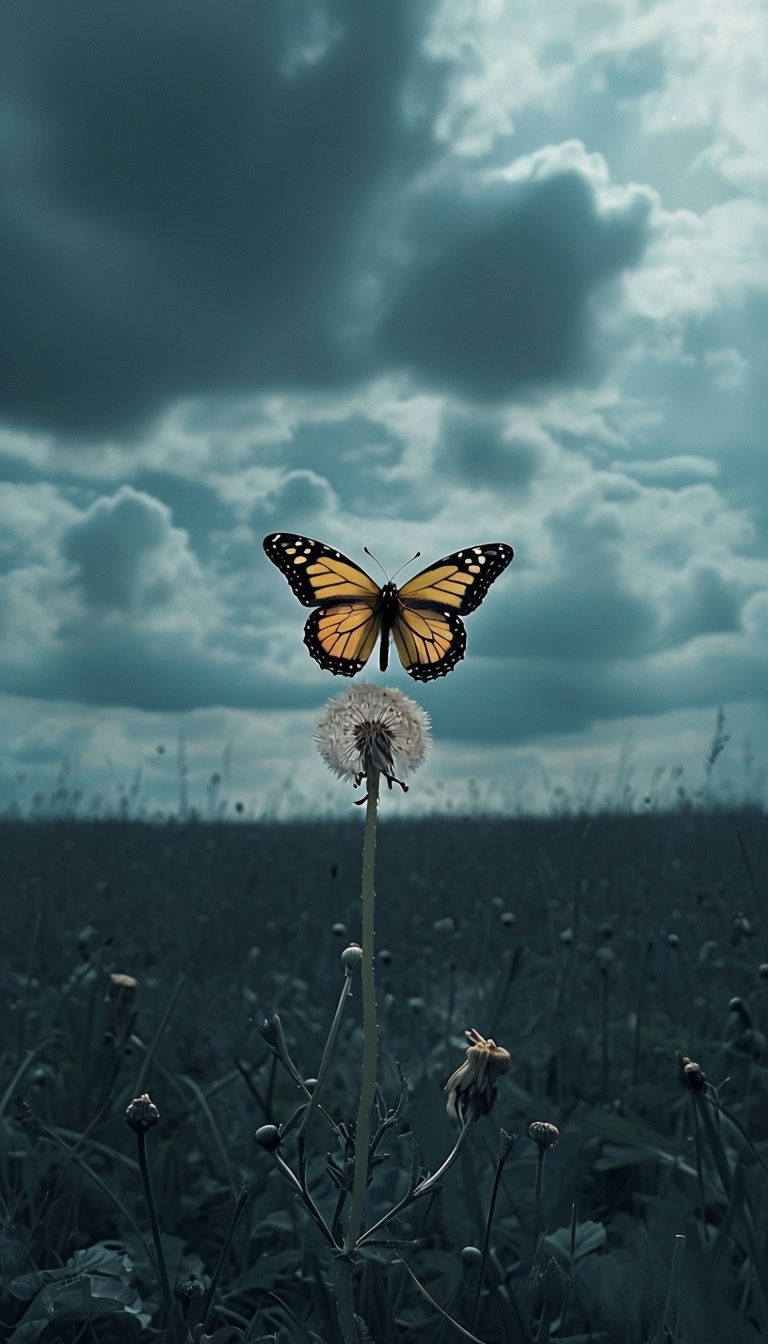 Tranquil Butterfly on Dandelion Flower in a Serene Meadow Mobile Wallpaper