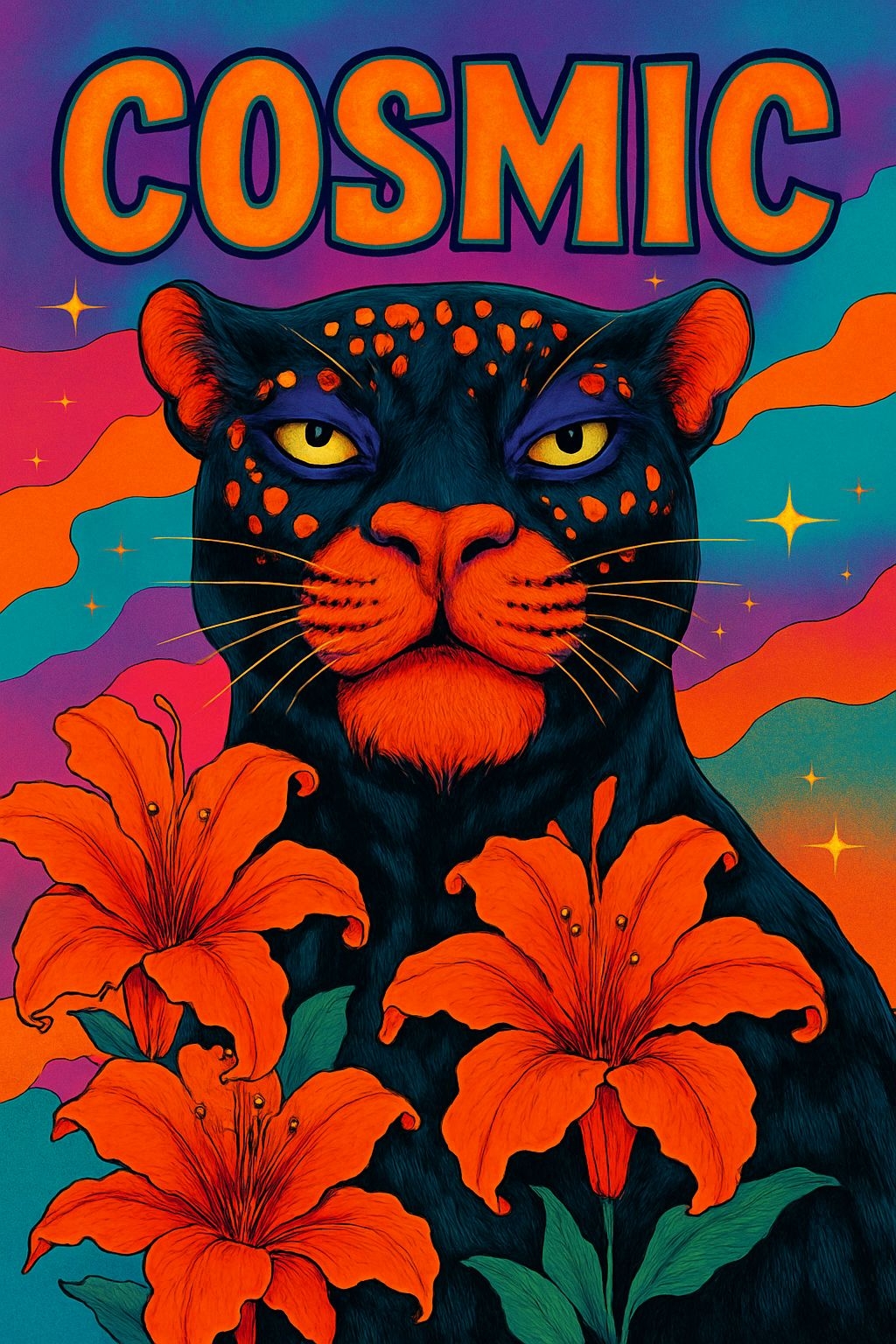 Psychedelic Black Panther with Cosmic Background Poster