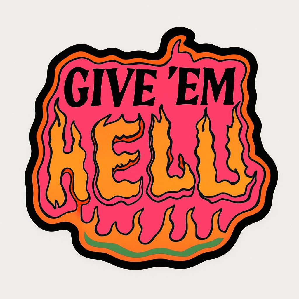 Vibrant Give 'Em Hell Cartoon Flame Text Design Sticker