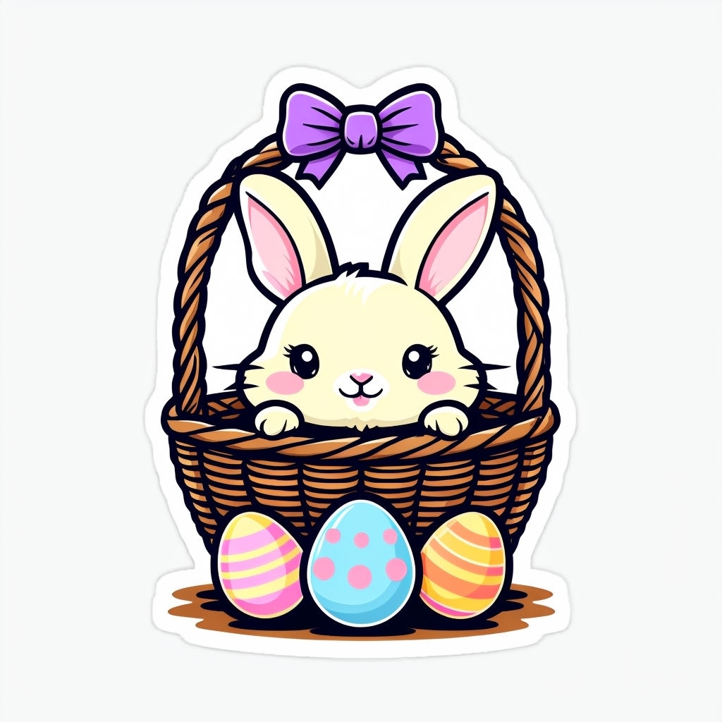 Cute Cartoon Bunny in Wicker Basket with Colorful Easter Eggs Sticker