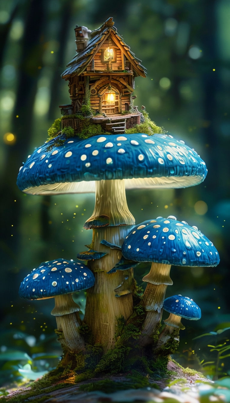 Whimsical Miniature Treehouse on Giant Mushroom Mobile Wallpaper