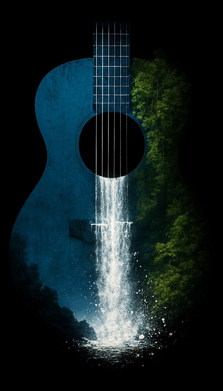 Surreal Acoustic Guitar with Waterfall and Forest Design Mobile Wallpaper
