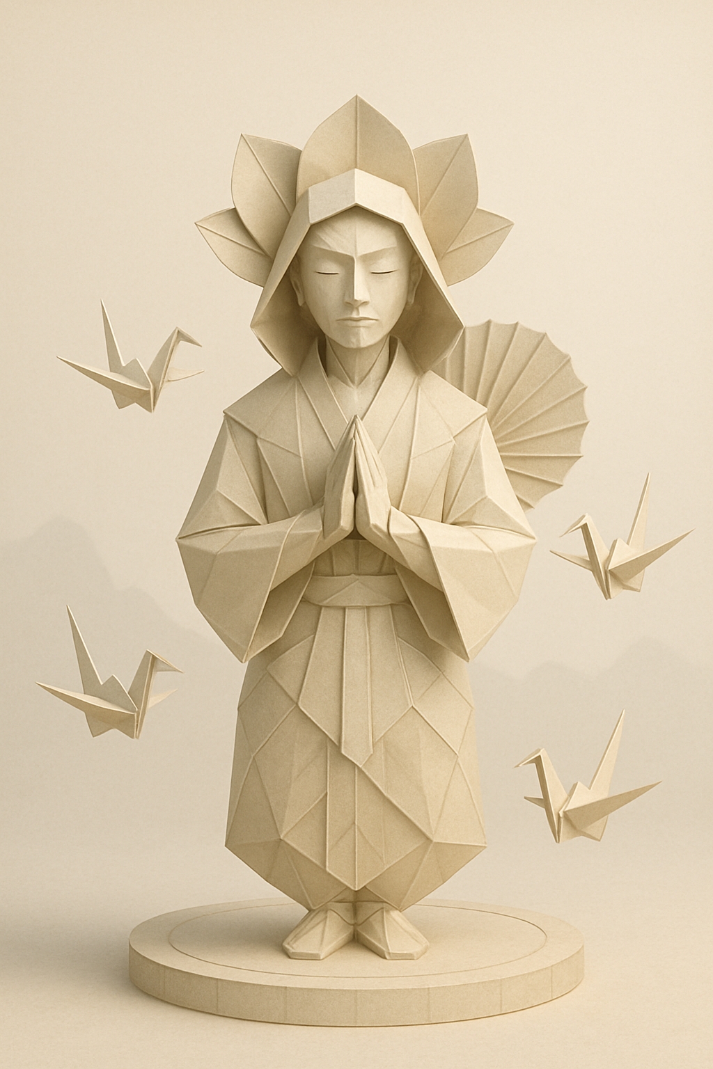 Intricate 3D Origami Sculpture of Serene Figure in Kimono Art