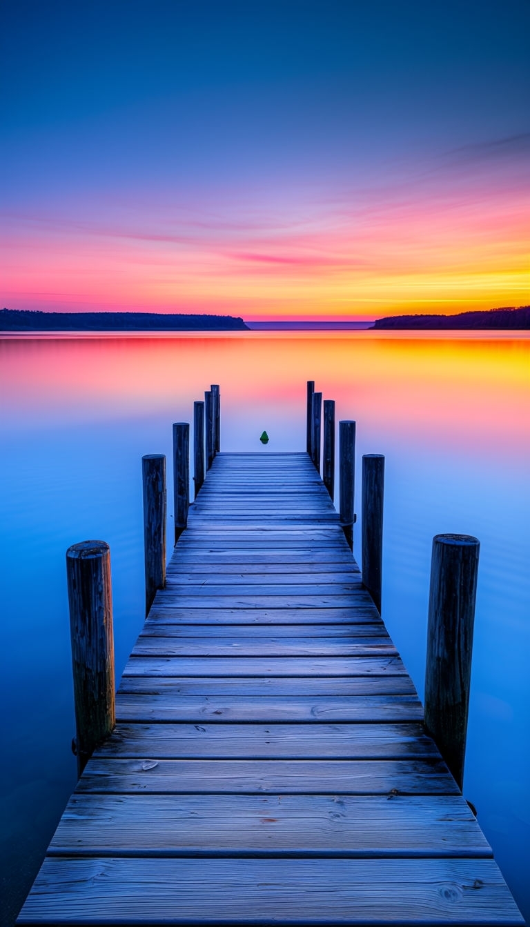 Serene Twilight Landscape with Wooden Dock and Calm Water Mobile Wallpaper