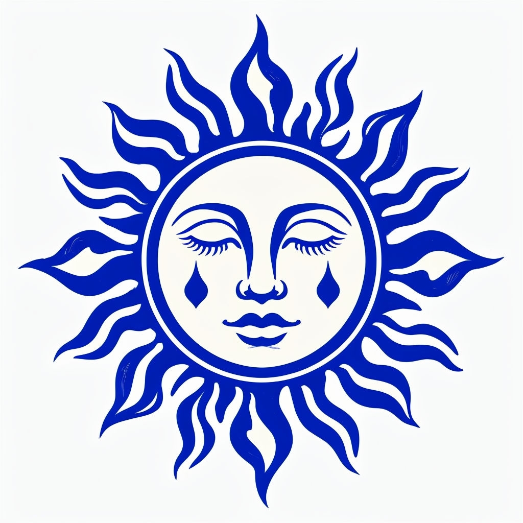 Stylized Sun Face Illustration with Heart-shaped Teardrops Sticker