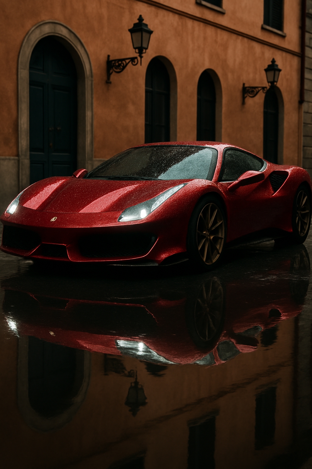 Sleek Scarlet Red Sports Car on Wet Urban Street Mobile Wallpaper