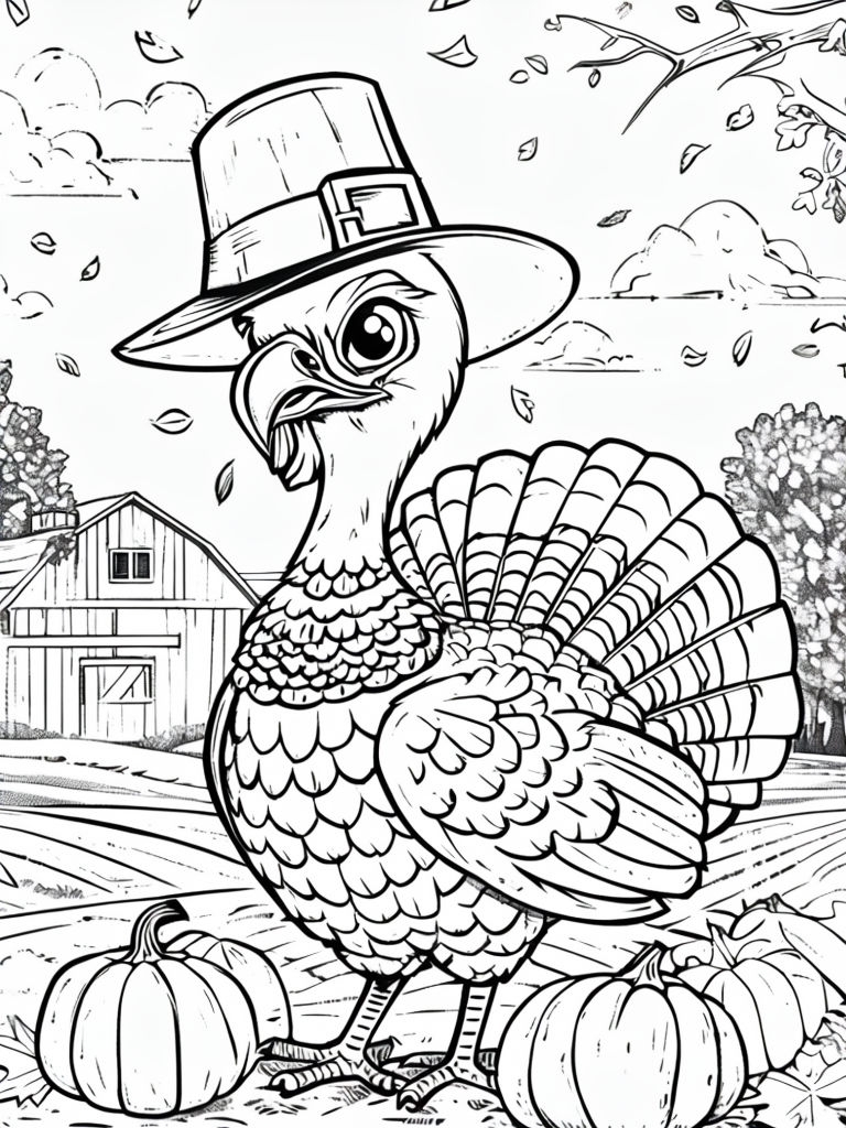 Whimsical Black and White Turkey with Pumpkins Coloring Page