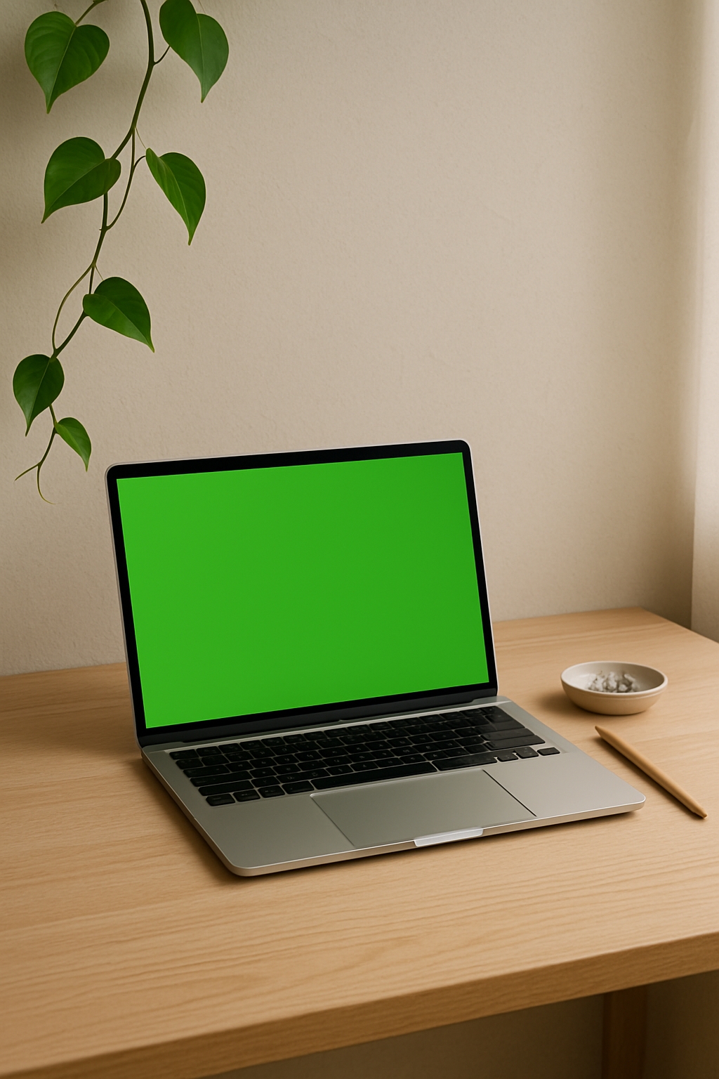 Minimalist MacBook with Chroma Key Screen on Wooden Desk Mockup