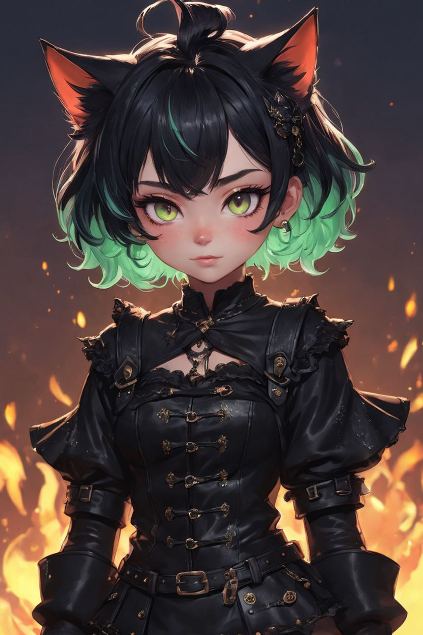 demon anime girl taller black here and green shirt red eyes hot woman girl  big ass sexy girl