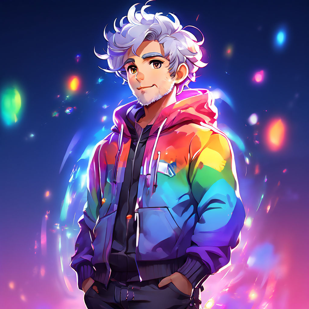 rainbow star. He is wearing only an oversized sweater. anime boy. 3/4  view.