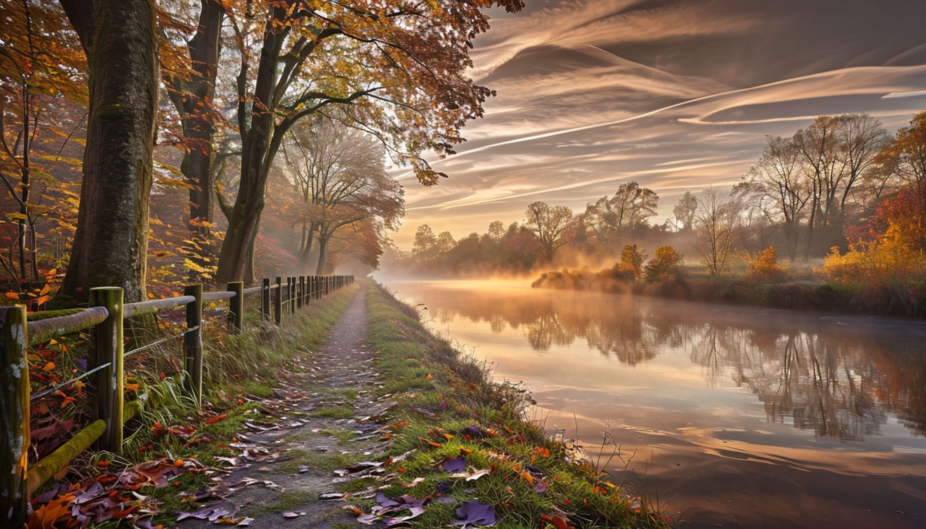 Serene Autumn Pathway by Calm River Landscape Art