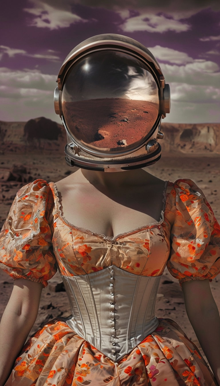 Surreal Victorian Woman with Astronaut Helmet in Desert Landscape Art