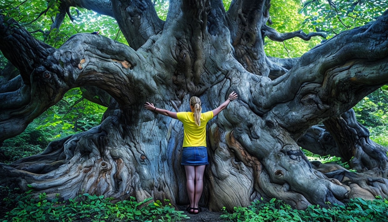 Woman Embracing Ancient Tree in Serene Nature Scene Background
