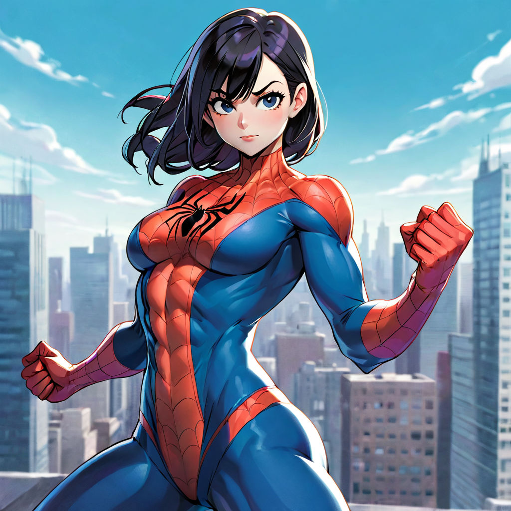 Female spiderman with boobs standing on space