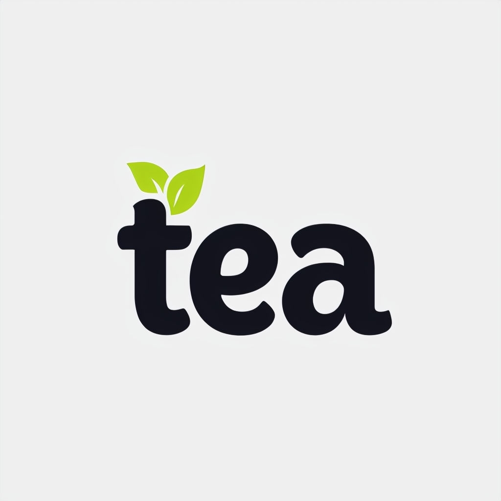 Minimalist 'Tea' Logo with Leaf Accent on Light Gray Background Logo