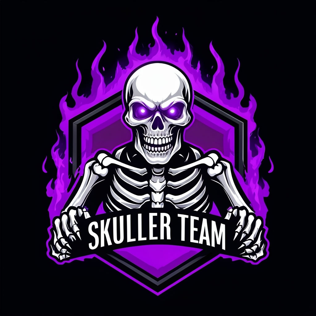 Menacing Skeleton Logo with Hexagonal Shield and Flames