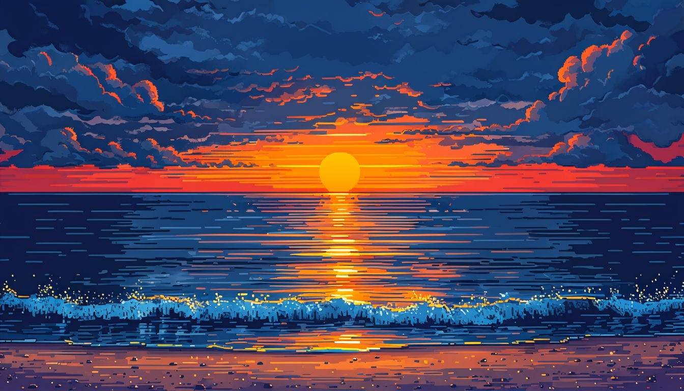 Serene Pixelated Beach Sunset Scene Virtual Background