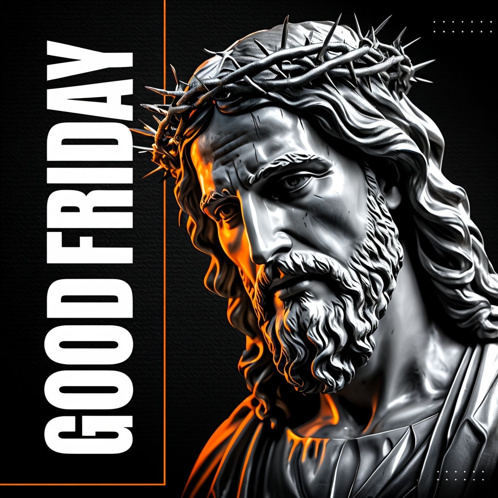 Good Friday Grayscale Jesus Statue with Dramatic Lighting Social Media Post