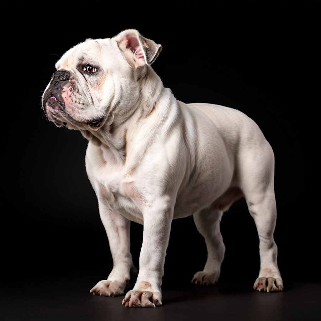 Side view of white Serrano Bulldog dog breed standing agains... by ...